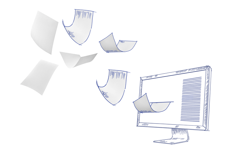 Symbol-Zeichnung Papierblätter fliegen in Monitor und werden zu einem ordentlichen Stapel